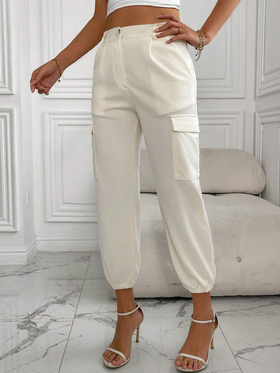 Chiquease 女士时尚多口袋高腰修身裤，休闲哈伦靴剪裁裤， - 杏色 - 查看 1