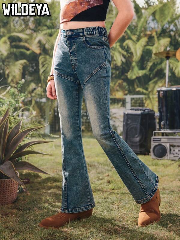 Wildeya 2025 Spring & Summer New Plus Size Vintage Distressed Look High Waist Slim Fit Flare Jeans For Girls, Suitable For Daily Wear, Outdoor Activities, And Family Gatherings
