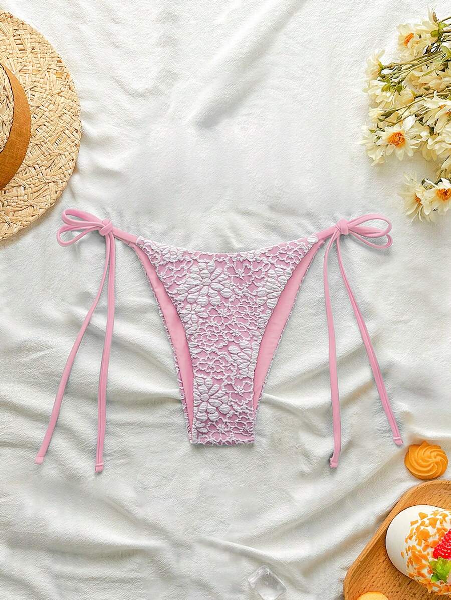 Swim Mod Beach Summer For Women, Textured Fabric Side Tie Bikini Bottoms - Baby Pink - View 1