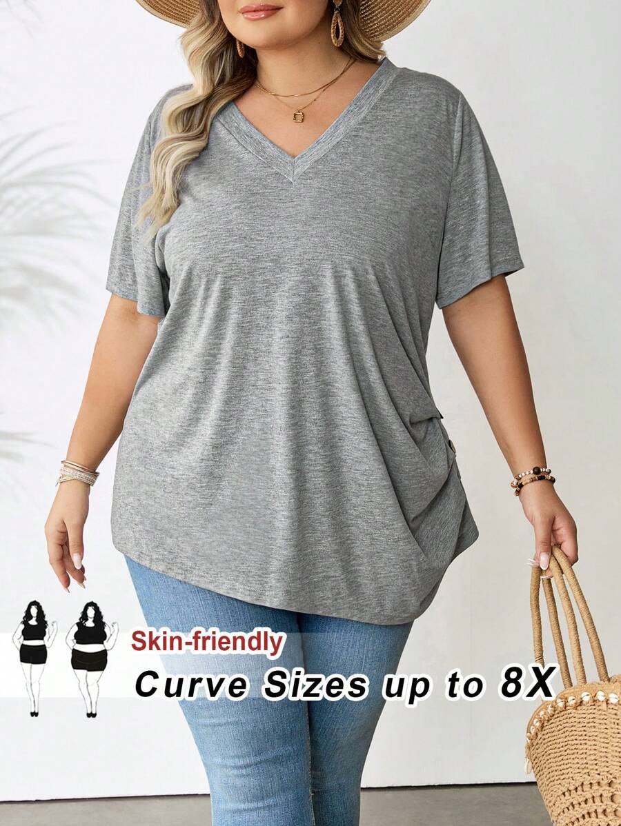 heekpek Camiseta Manga Corta Mujer Cuello en V Sexy Camisetas Verano T-Shirt Mujer Casual con Estampado, Albaricoque, S