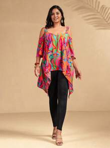 SHEIN Clasi 2pcs/Set Plus Size Women Summer Boho Holiday Outfit,Orange Floral Loose Cami Top,Asymmetrical Hem,Paired With Tight Knit Pants,Casual Vacation Design - Multicolor - View 3