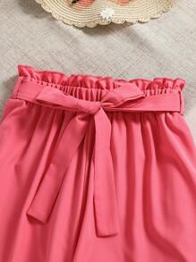 SHEIN Tween Girls Cap Sleeve Crew Neck Top & Solid Color Pants 2 Pieces Set - Hot Pink - View 4