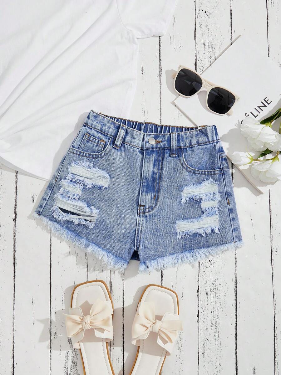 SHEIN Tween Girls Spring Summer Y2k Blue Boho Ripped Raw Hem Denim ...