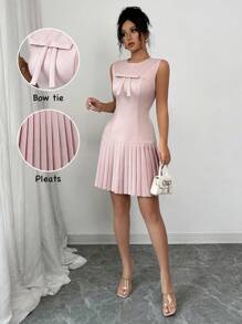 Elenzga 无袖蝴蝶结收腰优雅法式百搭连衣裙，粉色