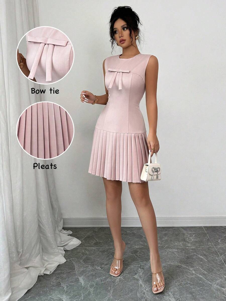 Elenzga 无袖蝴蝶结收腰优雅法式百搭连衣裙，粉色