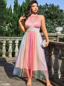 Flirla Plus Size Women Elegant Romantic Vacation Party Wedding Dress, Rainbow Ombre Halter Neck Sleeveless Cinched Waist A-Line Dress - Multicolor - View 5