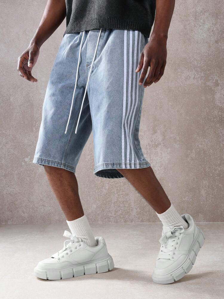 Casual Loose Fit Drawstring Denim Shorts Elastic Waist