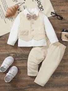 SHEIN 2 件套幼儿男童宽松背心、绅士风裤子套装，适合温馨的家庭聚会、欢乐的男婴派对和休闲散步 - 杏色 - 查看 6