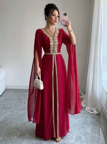 Rafferiza 优雅日常连衣裙，V 领，金色蕾丝边，收腰，A 字形，透明雪纺长袖，红色，女士，春夏 - 紅色 - 查看 3