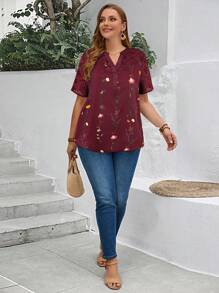 EMERY ROSE Plus Size Women'S Printed Hollow Out White Floral Shirt For Spring