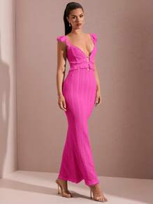 SHEIN BAE Sexy Hollow-Out Crochet Textured Ruffle Trim Cap Sleeve Open Back Lace-Up Dress, Elegant, Summer