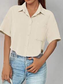 Chiquease Áo sơ mi ngắn rộng rãi đơn hàng khuy đơn màu đơn giản dành cho nữ - Màu be - Xem 5