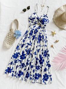 Soleia 女式长款花卉印花吊带裙，前部扭纹和 A 字形廓形，度假风格 - 藍白色 - 查看 6