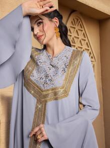 Al Najma Turkish & Arabic Traditional Embroidered Trumpet Sleeve Long Robe With Sash Kaftan Jalabiya Dress - Blue - View 2