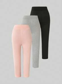 SHEIN 夏季少女简约休闲针织三件套纯色（粉色、灰色、黑色）七分紧身裤 - 彩色 - 查看 2