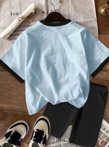 SHEIN Leap Crew Tween Girls Casual Simple Short Sleeve T-Shirt And Shorts 2 Pieces Set, Suitable For Summer - White - View 4