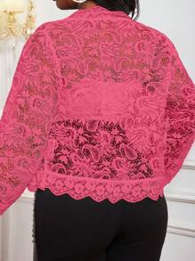 SHEIN Lady Áo khoác tay dài họa tiết kẻ sọc đen cổ điển màu mơ cho nữ cỡ lớn, thường ngày đi làm vào mùa thu/đông - Màu Hồng Tươi - Xem 2