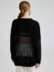 Ontre Women's 2025 New Casual & Office Wear Spring Summer Daily Wear Knitted Sweater, Round Neck Long Sleeve Black Wool Sweater With Personalized Hollow-Out Design