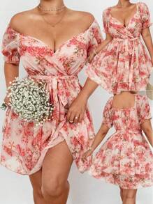 Flirla Plus Size Floral Print Cross Neck Chiffon Elastic Waist A-Line Long Sleeve Dress