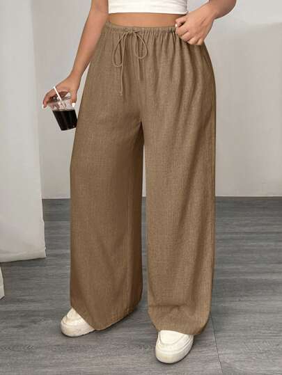 SHEIN EZwear Plus Size Casual Loose Tie Cuff Long Linen Dress