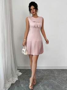 Elenzga 无袖蝴蝶结收腰优雅法式百搭连衣裙，粉色