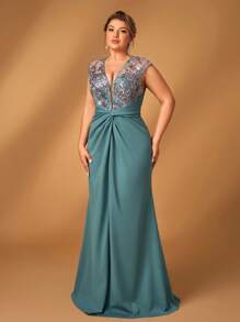 Serin Plus Size Elegant Romantic V-Neck Luxurious Sequins Embellished Elastic Knitted Body-Skimming Mermaid Hem Mother Dress