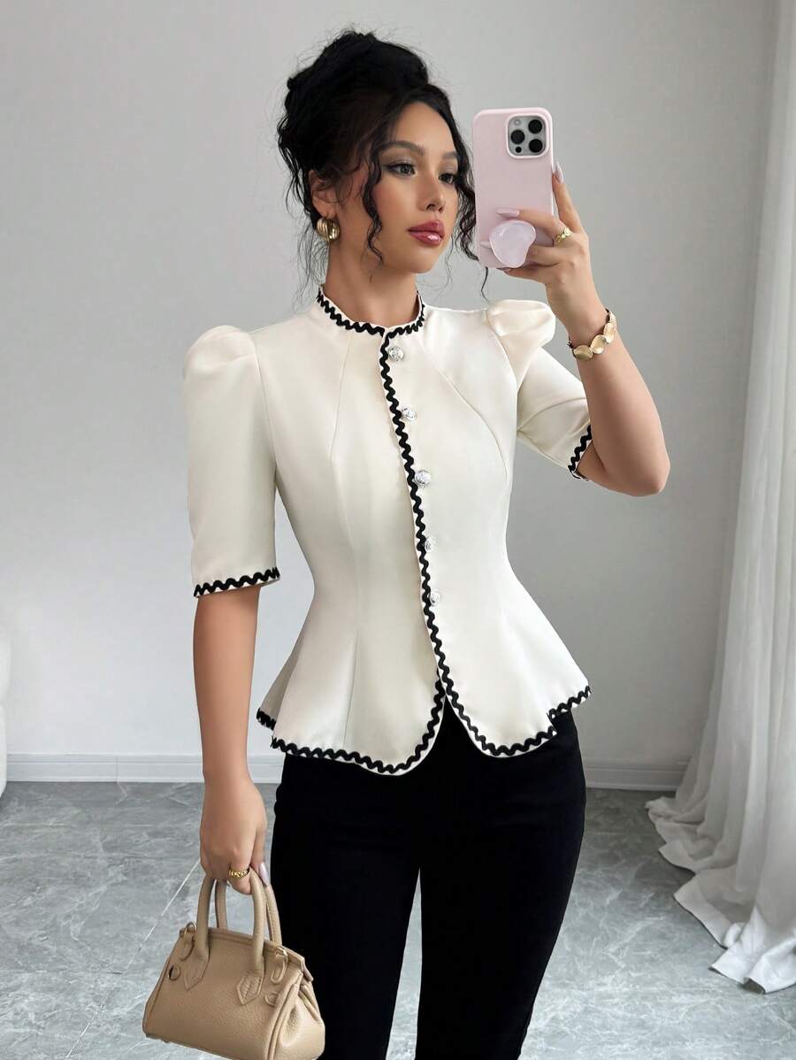 Elenzga 女士撞色饰边短袖衬衫，简约时尚，适合夏季 - 米色 - 查看 1