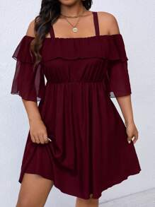 EMERY ROSE Plus Size Women Solid Color Ruffle Elegant Ruffle Hem Dress - Burgundy - View 6