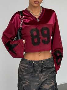 StreetHx Casual Numeric Star Pattern Mesh Splice Long Sleeve T-Shirt - Burgundy - View 6