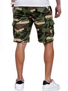 Manfinity Homme 男式迷彩印花翻盖口袋抽绳腰部迷彩工装短裤 - 軍綠色 - 查看 2