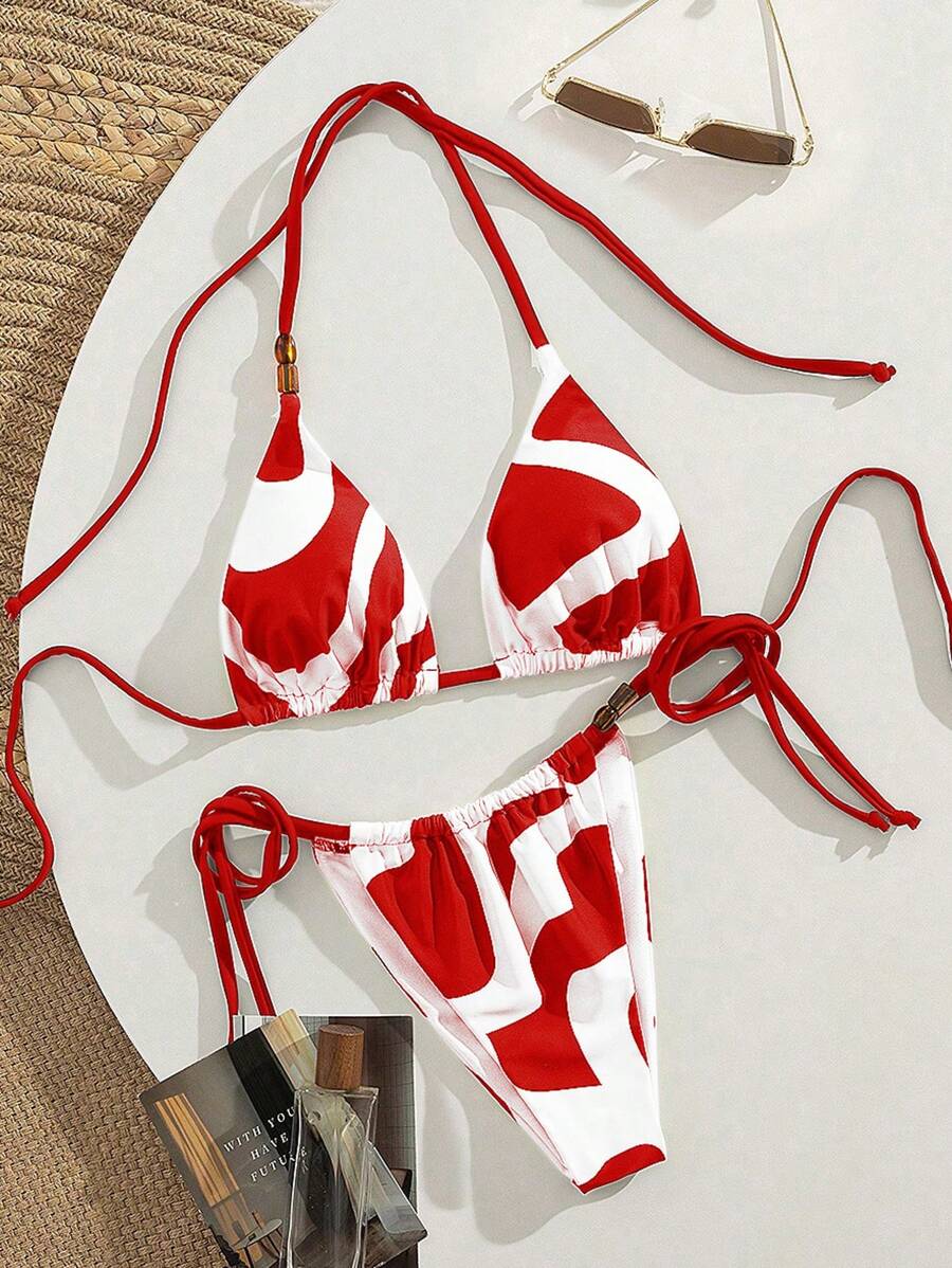 乳棕色吊带裤侧系带简约风格女士复古分体比基尼泳装两件套海滩度假