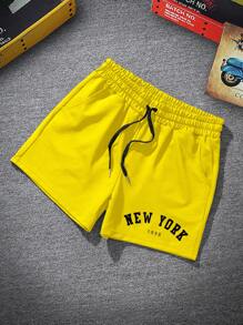 Manfinity Homme Men's Letter Print Drawstring Waist Pocket Casual Shorts - Yellow - View 3