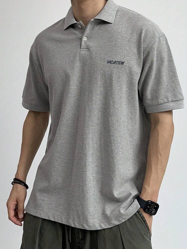Men's Summer Letter Embroidered Half-Placket Grey Polo Shirt