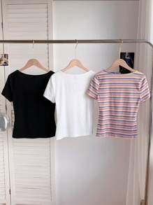 SHEIN 3 件套青少年女孩彩色条纹短款圆领短袖休闲紧身 T 恤，适合夏季