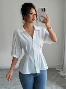 Franclia Premium Sense 白色领口 V 领短袖修身女式上衣，简约衬衫 - 白色 - 查看 7