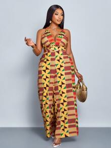 SOLERSUN Tuta estiva elegante da donna taglie forti con stampa digitale geometrica e fiori casuali, con collo a legaccio, pantaloni a gamba ampia dritta, ideale per vacanze