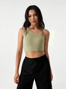 Hanevo Top de tirantes verde con cuello asimétrico, espalda descubierta y diseño calado para mujer - Verde - Ver 7