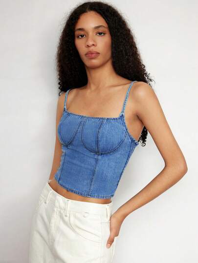 Maija 女士短款时尚蓝色牛仔吊带背心