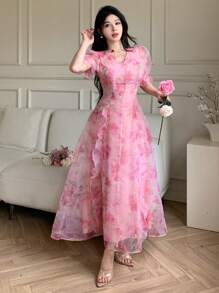 Feyla 女士花卉印花 V 领泡泡袖连衣裙，优雅