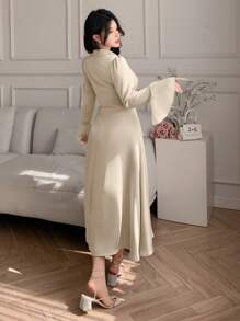 DAZY Satin Solid Color Business Casual Slim Fit Flare Sleeve Ruffle Trim Patchwork Mid-Length Dress For Women Elegant,Formal Women Dresses - Beige - View 4