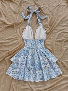 Soleia Women's Vacation A-Line Blue Floral Layered Ruffle Camisole Romantic Dress For Valentine's Day - Blue and White - View 2