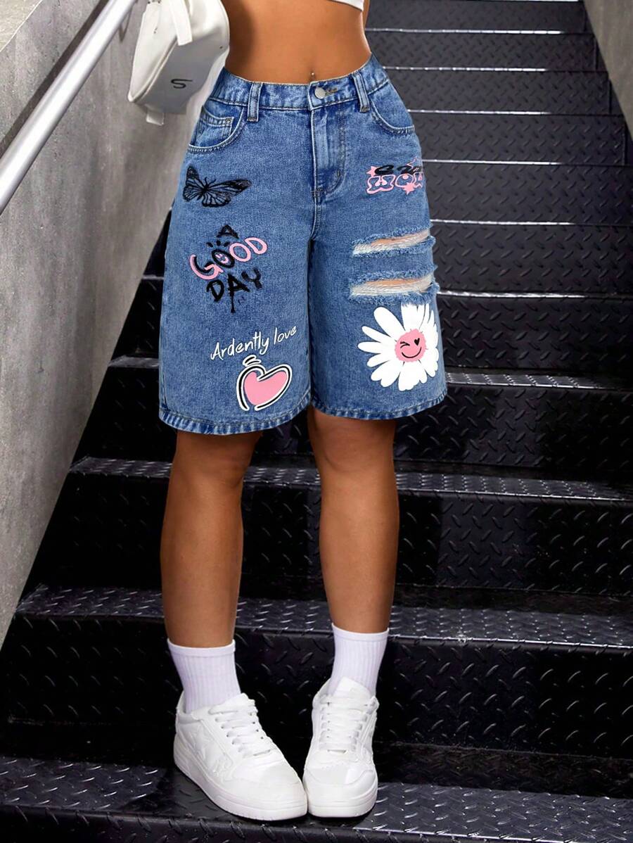 SHEIN Teen Girl Y2K Stonewashed Casual Loose Fit Blue Baggy Denim Long Shorts With Floral, Butterfly Pattern Print,Girls Summer Boho Vacation Rave Concert Streetwear Outfits