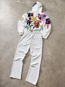 Manfinity EMRG Men Street Graffiti Punk Style Hooded Sweatshirt And Sweatpants Set
