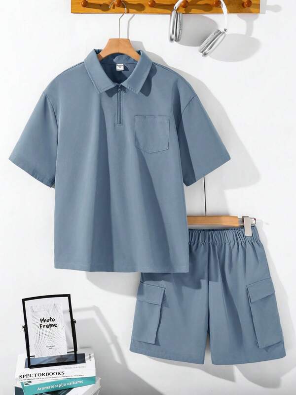 SHEIN Conjunto de 2 piezas de camisa de cuello vuelto con media cremallera y pantalones cortos cargo de cintura elástica, estilo casual para adolescentes, apto para otoño, primavera, verano, juego al aire libre, escuela, ropa urbana, fiesta, uso casual en casa