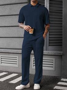 Manfinity Homme Bộ quần áo polo dệt kim họa tiết màu be hai mảnh dành cho nam, trang phục thoải mái, ấm áp - Màu xanh hải quân - Xem 3