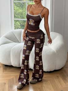 SHEIN EZwear Bear Print Camisole Top And Flared Pants Set,Summer Sets - Brown - View 6
