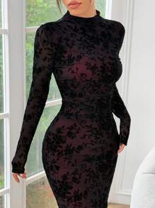 SHEIN EZwear Zwarte gevlokte mesh maxi bodycon jurk voor dames