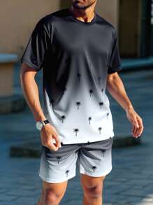 Manfinity Homme Bộ quần áo thun và quần short in hình cây cọ ombre thường ngày cho kỳ nghỉ hè dành cho nam Bộ đồ nghỉ hè dành cho nam Bộ đồ ngắn 2 mảnh dành cho nam Bộ quần short dành cho nam Bộ đồ áo phông dành cho nam Bộ đồ mùa hè dành cho nam - Đen và trắng - Xem 1