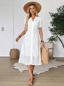 EMERY ROSE Women V-Neck White Lace Long Sleeve Dress - White - View 1