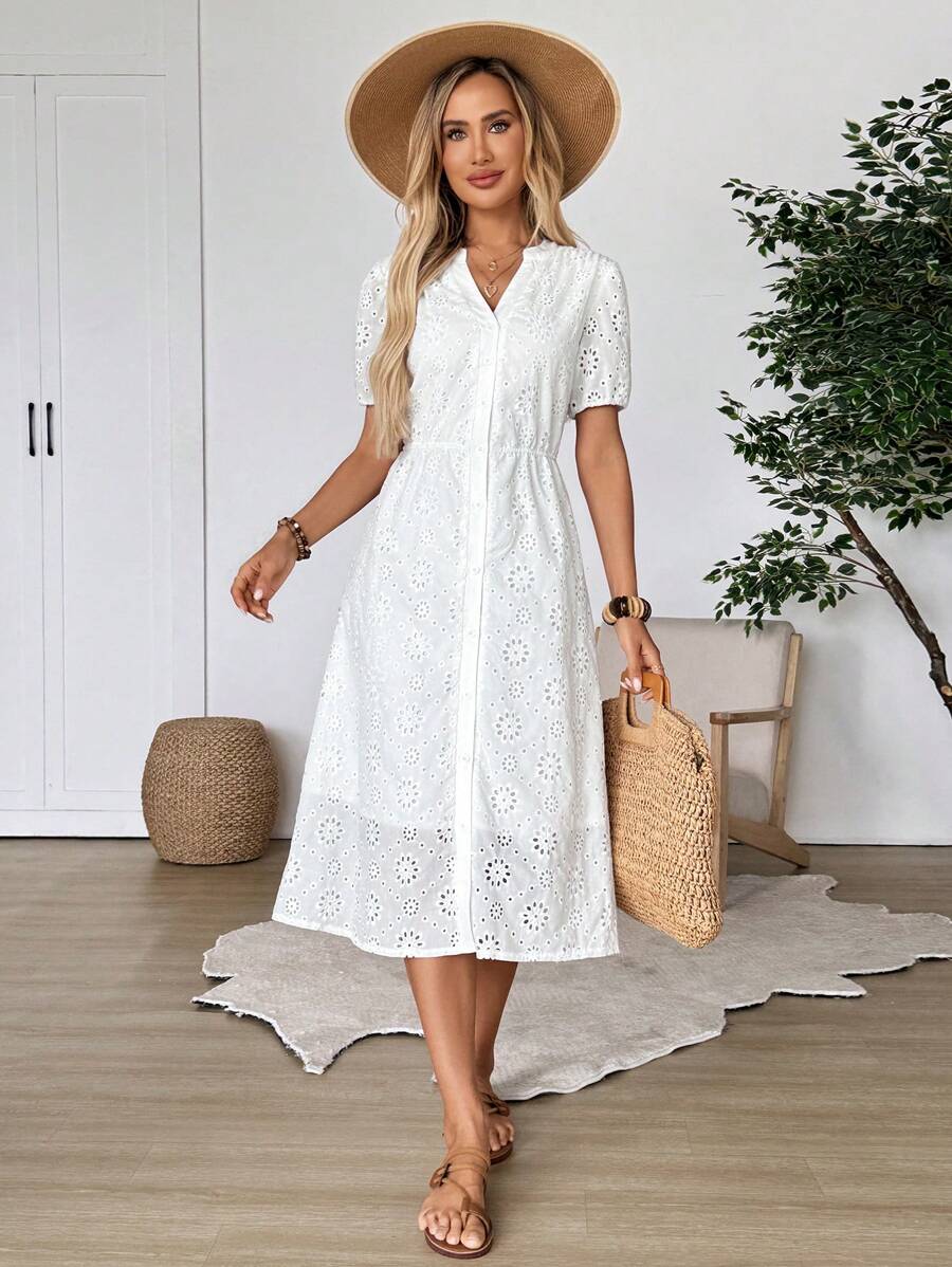 EMERY ROSE Women V-Neck White Lace Long Sleeve Dress - White - View 1